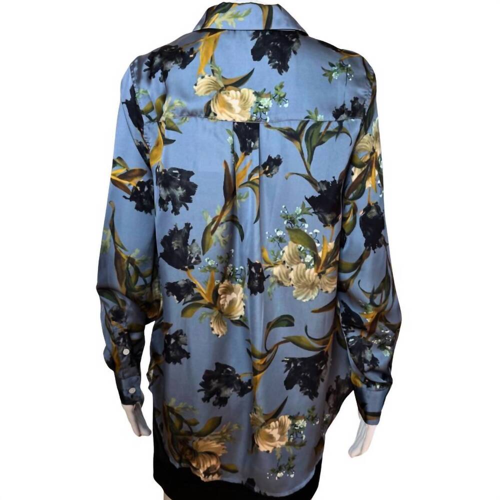 NEW T TAHARI women's floral patterned long sleeve top in slate blue, blush, gree - Picture 2 of 2